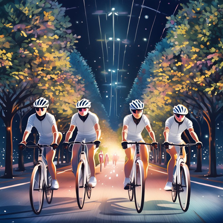 Firefly 20 Fahrradfahrerinnen mit Helm von vorn gesehen in einer Straße, gesäumt von Bäumen bei Nach.jpg